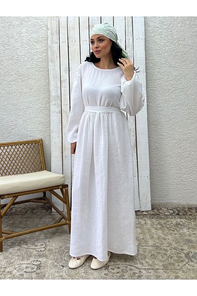 KÜÇÜĞÜM BUTİK Hijab White Muslin Gathered Waist Dress