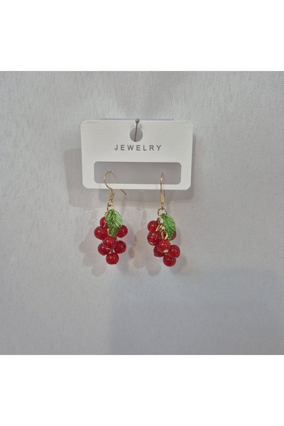 JEWELRY Kırmızı Üzüm Salkımı Sallantılı Çelik Küpe