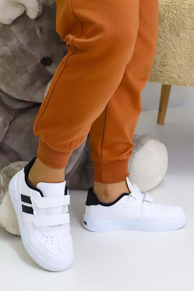 Weynes Copii, alb, negru, cu 2 dungi, cu cârlig și buclă, pantofi sport casual WSB4074