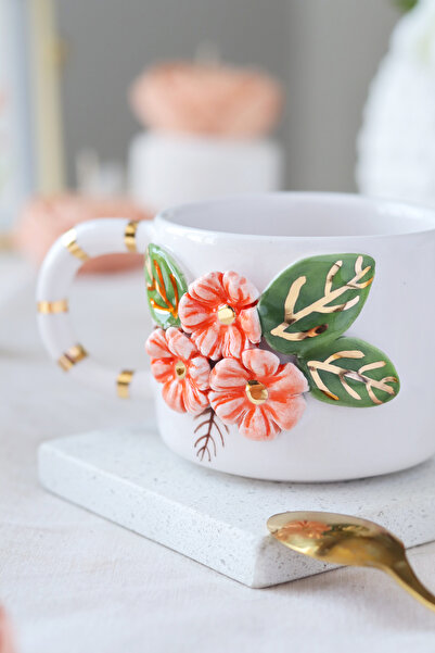 ada mia seramik Handmade Flower Figured 24K Gold Decorated Ceramic Mug 200ml