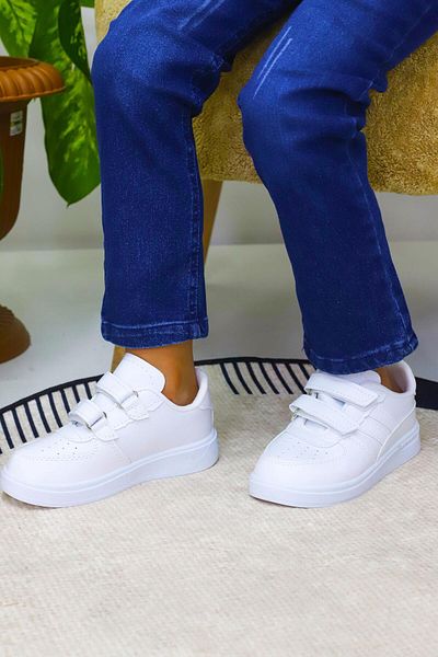 Weynes Pantofi sport casual pentru copii, albi, cu 2 dungi, cu velcro, WSB4074