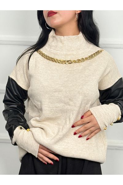 RACE FASHİON Necklace Detailed Sleeve Part Leather Knitwear Sweater Rc8205