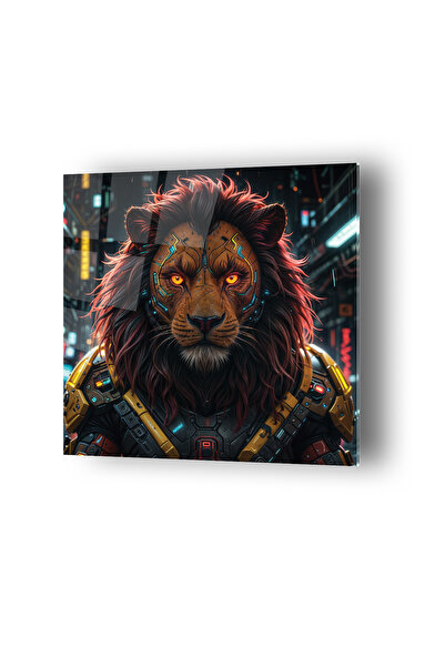 no77decor Cyberpunk Portre Aslan Temalı Cam Tablo