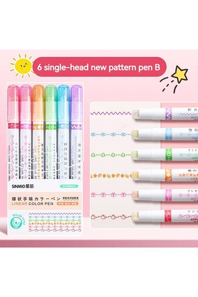 Choice 7068A-6 Colors 6Pcs/Set Flower Line Shape Highlighter Pen Roller Tip Curve Liner Marker Kawaii Korea