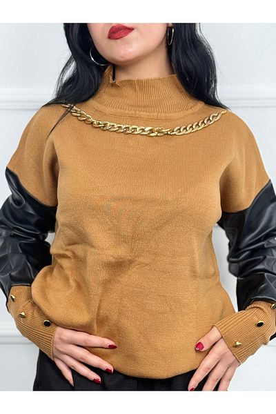 RACE FASHİON Necklace Detailed Sleeve Part Leather Knitwear Sweater Rc8205