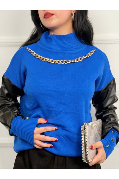 RACE FASHİON Necklace Detailed Sleeve Part Leather Knitwear Sweater Rc8205