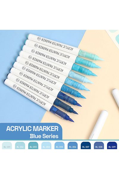 Choice Blue Series Automatic Ink Control Acrylic Paint Markers, 9 pcs Brush Tip Acrylic Paint Pens set with