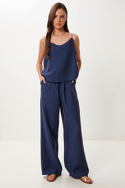 Lovelyİstanbul Set pantaloni bluză modal cu bretele ALBASTRU ÎNCHIS LRV0108