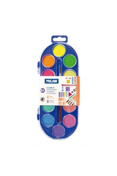 Milan Acuarele cu pensulă Milano, 8 culori metalice și 4 culori fluorescente, diametrul pensulei 30 mm