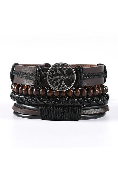 Choice 17 4Pcs/ Set Braided Wrap Leather Bracelets for Men Vintage Life Tree Rudder Charm Wood Beads Ethnic