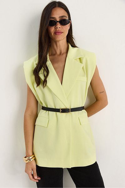 Bianco Lucci Women's Pocket Detailed Belted Padded Oversize Lined Blazer Vest 11143 60281003