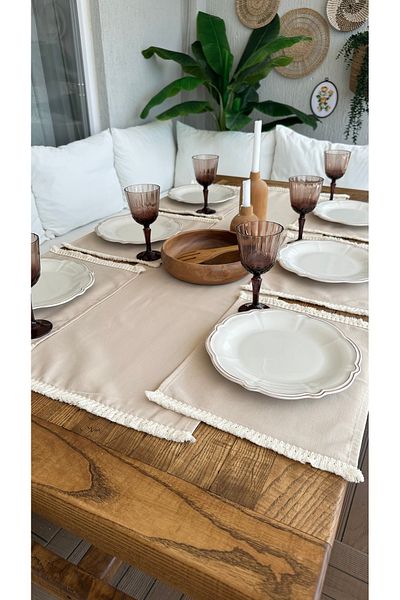 Decamor home 7 Pcs 6 Seater Beige American Set with Tassels