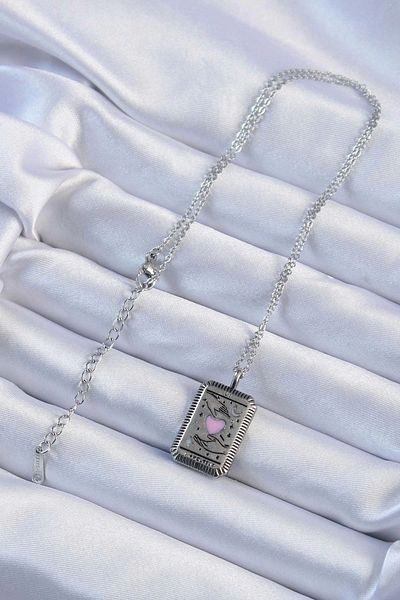 Store 316L Steel Chain Antique Silver Color Pink Enamel Heart Figure Tarot Necklace