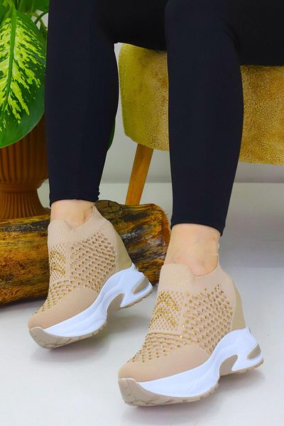 Weynes Women's Beige Stone Mesh Hidden Heel Shoes Wsb4078