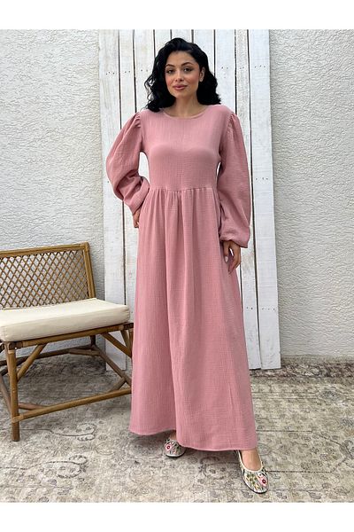 KÜÇÜĞÜM BUTİK Hijab Powder Muslin Gathered Waist Dress