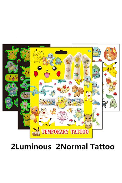 Takara Tomy 4Sheets 4Sheets Pokemon Luminous Tattoos for Kids Pikachu Temporary Tattoos Stickers Boys Girls Glow