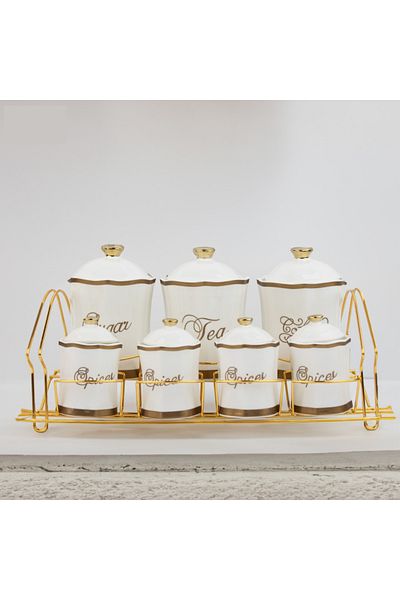 rexa 7-Piece Luxury Porcelain Spice Set – Gold Gilded Versace-Inspired White Storage Jars with Stand