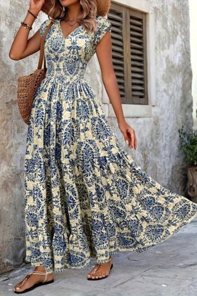Mossta Patterned Double Breasted Neckline Short Sleeve Maxi Length Single Jersey Dress - Blue