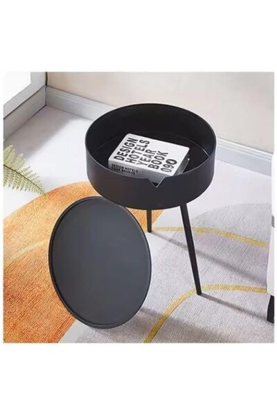 Generic Round Side Table with Triangle Metal Legs, Coffee Table with Storage Shelf, Bedside Table, Black Col