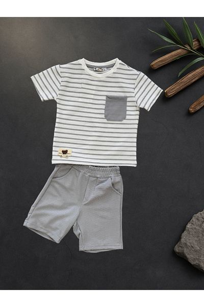 Rhythm Clothing Alg Kids Wear Stripe Pattern, Waffle Woven, Boy's Casual Bottom-Top Set with Shorts