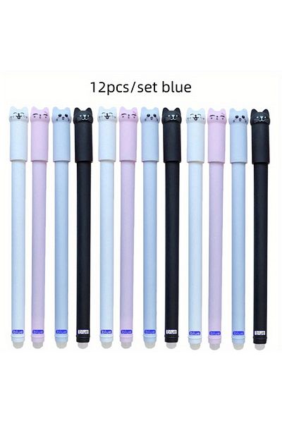 Choice 12pcs blue 4/8/12pcs Creative Cat Erasable Gel Pens Set 0.5mm Washable Handle Magical Blue/Black Ink
