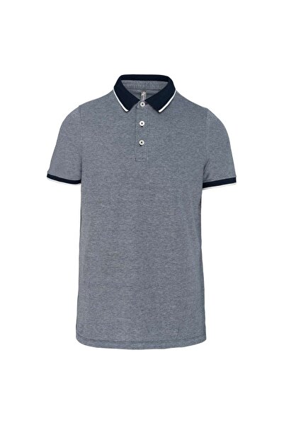 OEM Men's Polo Shirt, Pique, Cotton, Navy Stripes, Contrasting Sleeves and Collar, Grey
