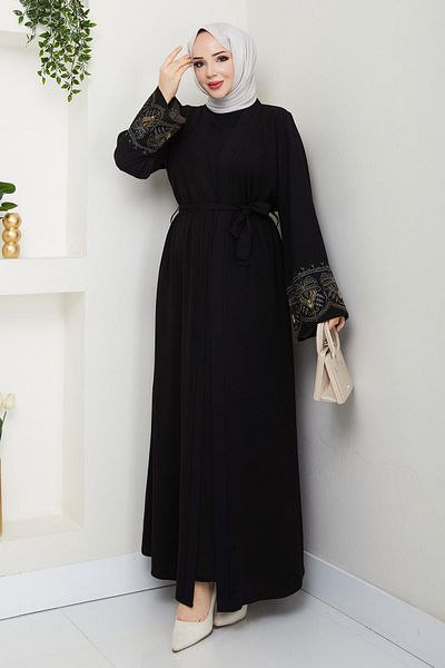 Tesettür Dünyası Σετ Abaya με Κεντητό Εσωτερικό Φόρεμα TSD250197 Μαύρο