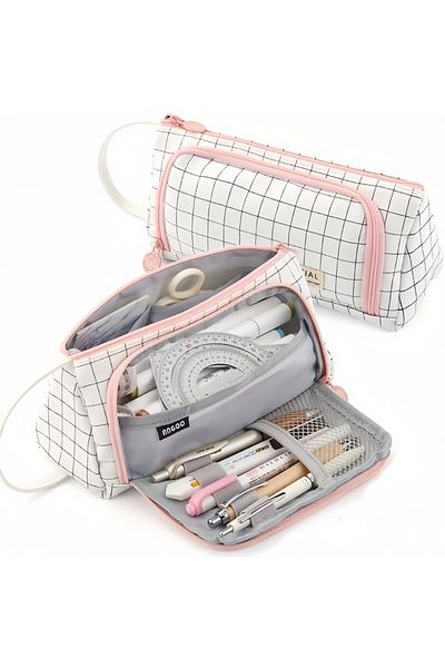 Choice white checkered Canvas Triangle Stationery Box, Large Capacity Portable Pencil Pouch Student Station