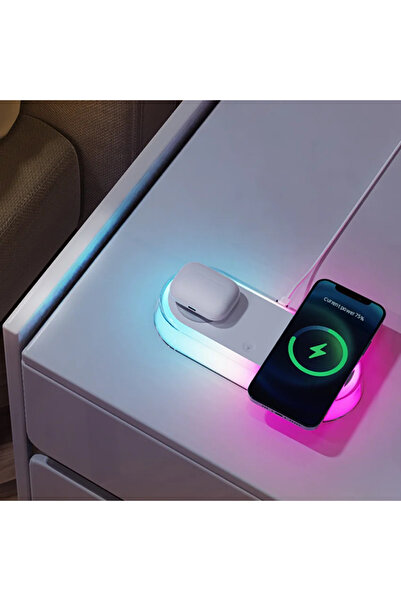 Vikefon شاحن لاسلكي مع منبه وساعة وضوء LED ومقياس حرارة وسماعة أذن وشاحن هاتف بقوة 15 وات وشحن سريع.