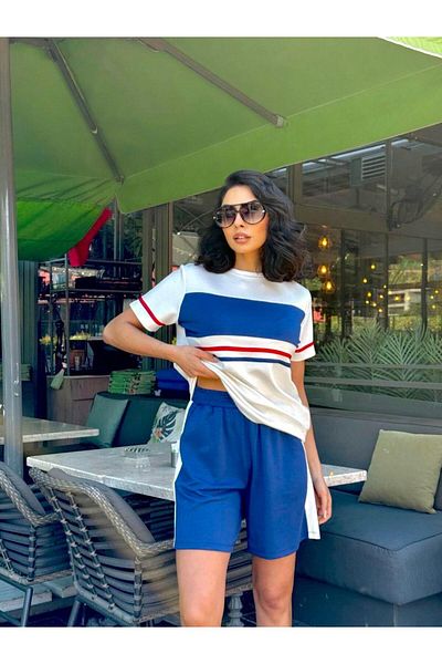 Elaxi Modal Fabric Shorts & T-Shirt Set with Stripe on the Front