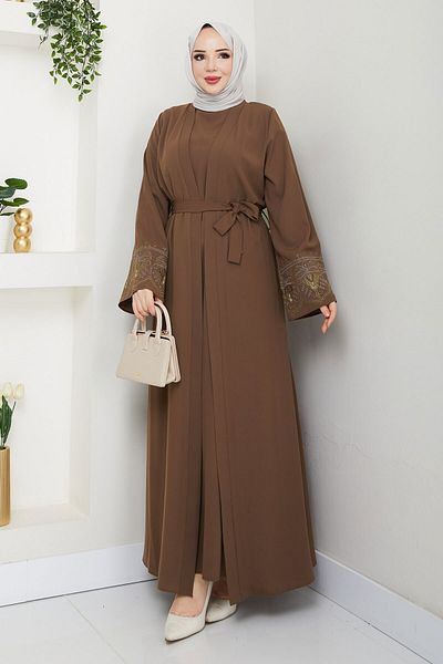 Tesettür Dünyası Σετ Abaya με Κεντητό Εσώρουχο TSD250197 Καφέ