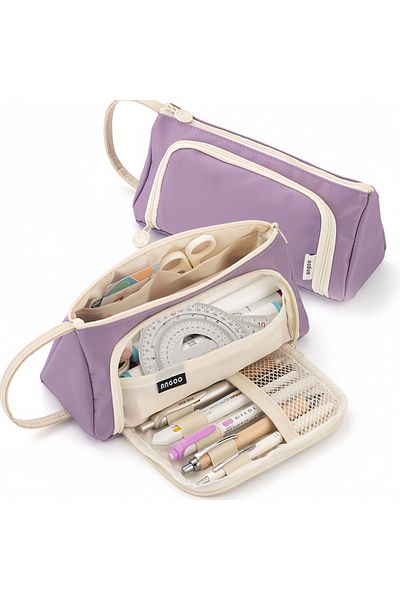 Choice PURPLE Canvas Triangle Stationery Box, Large Capacity Portable Pencil Pouch Student Stationery Organ