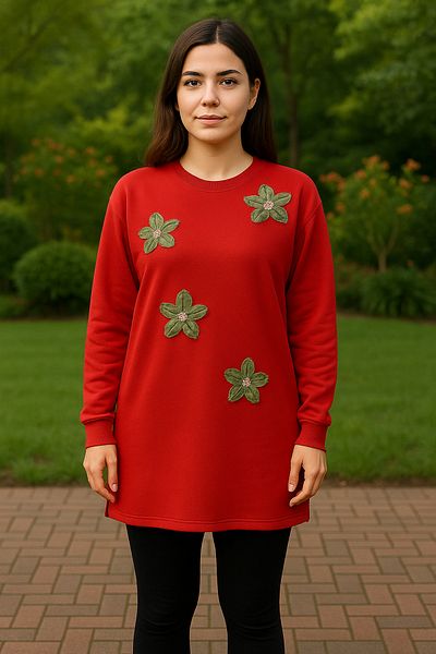 Birol Triko Women's Red Slit Tunic with Floral Accessories
