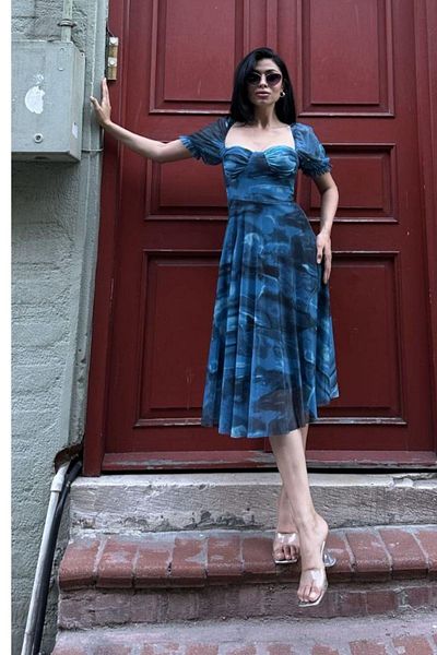Mossta Short Sleeve Sweetheart Neckline Patterned Tulle Dress - Blue