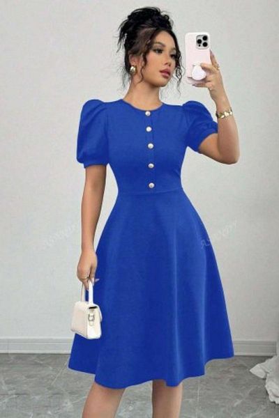 Mossta Front Button Balloon Sleeve Midi Crepe Dress - Saks