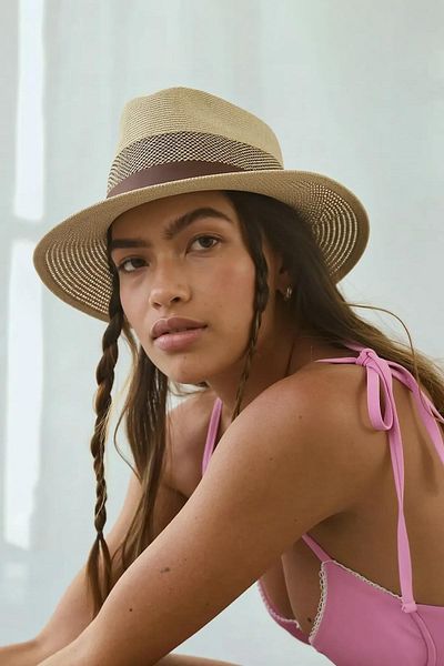 Külah Women's Mesh Breathable Faux Leather Striped Straw Panama Hat-Camel