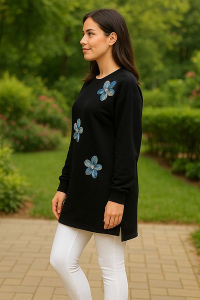 Birol Triko Women's Black Slit Floral Accessory Tunic