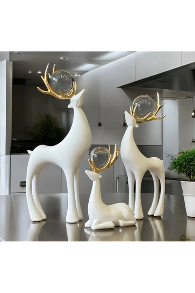 ArzzHome 3'lü Dekoratif Geyik Aksesuar & Biblo Takımı BEYAZ