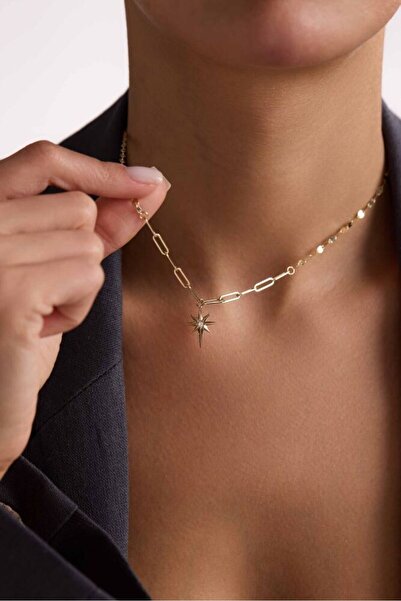 Sembol Gold 14 Ayar Altın Kutup Yıldızı Kolye İtaly Aynalı ve Ataç Zİncirli