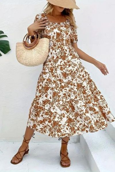 Mossta Square Neck Waist Elasticated Single Jersey Dress - Brown