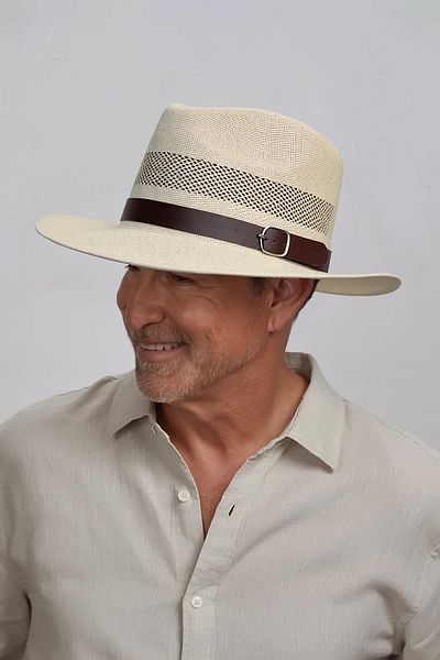 Külah Men's Mesh Breathable Faux Leather Striped Straw Panama Hat-Beige