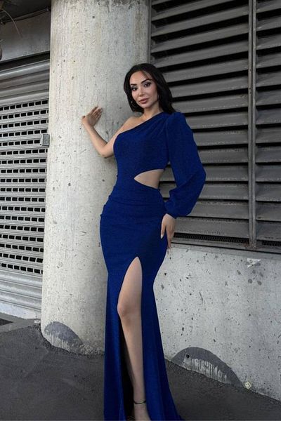 Mossta One Sleeve Waist Low-Cut Slit Glitter Evening Dress - Saks