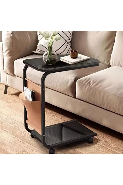 Generic C Shaped End Table, Side Table with Metal Frame, End Table TV Tray, Sofa Table WIth Rolling Casters,