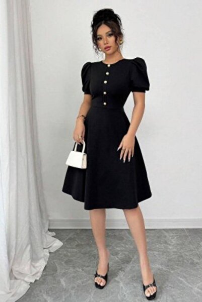 Mossta Μίντι φόρεμα κρεπ με μπαλόνι μανίκια και μπροστινά κουμπιά - Μαύρο