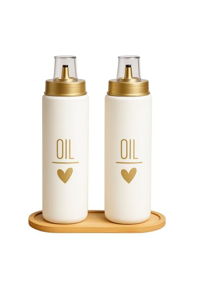 ela777 Set of 2 Glass Oil Oil Pot with Bamboo Stand and Sippy-Free Lid 550 ml...
