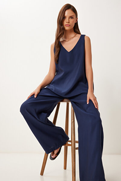 Lovelyİstanbul Modal Blouse Pants Set Dark Blue Lmc0059