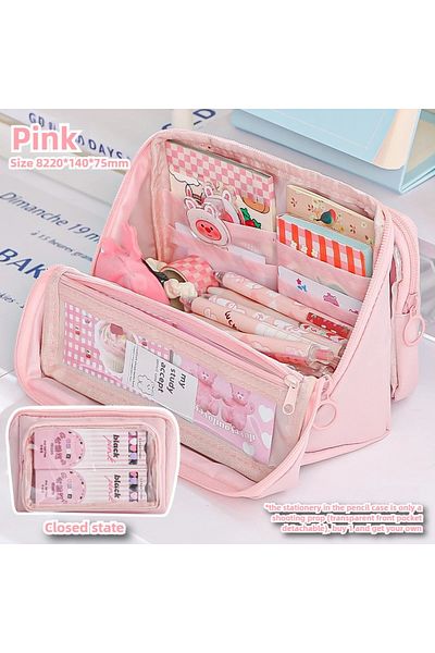 Choice Pink New 9-layer Double-sided Detachable Large-capacity Pencil Pouch Reversible Student Stationery P