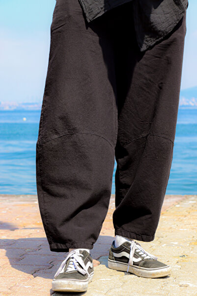 Oiki Keten Siyah Bohem Balon Pantolon – Bol Balon Kesim, Beli Lastikli Rahat ve Şık Tasarım