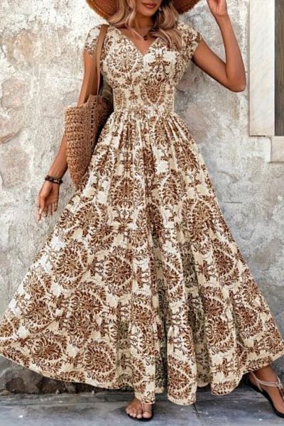 Mossta Patterned Double Breasted Collar Short Sleeve Maxi Length Single Jersey Dress - Coffee