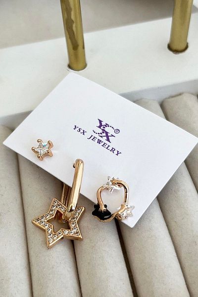 TAKIŞTIR مجموعة أقراط YSX VIP مكونة من 3 قطع بتفاصيل حجرية ذهبية اللون